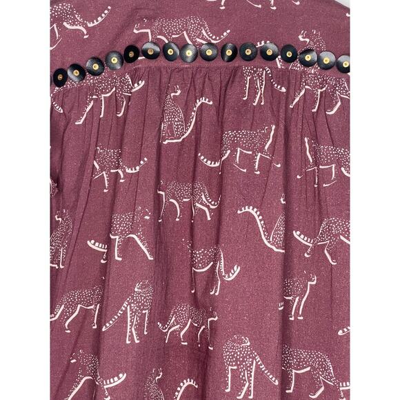 Sheridan French Embellished Aubergine Cheetah Ruffle Long Sleeve Blouse Medium - Picture 12 of 12